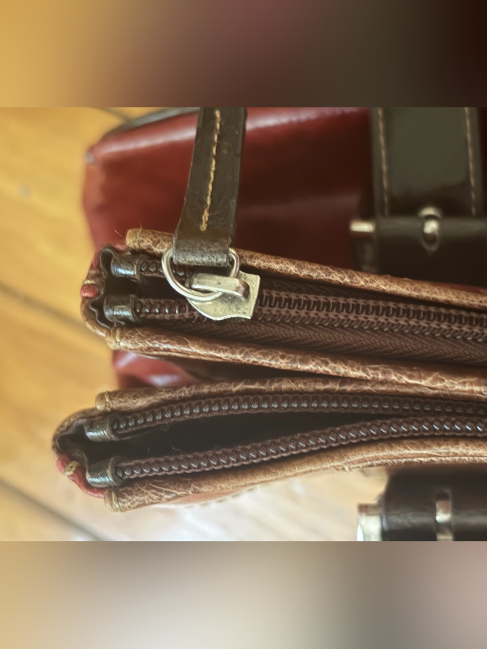 Burgundy & Dark Brown Two-Tone Leather Shoulder Bag with Silver Hardware - Picture 7 of 9